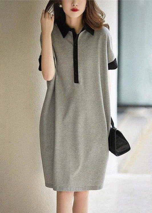 Black Peter Pan Collar Button Cotton Maxi Dresses Short Sleeve