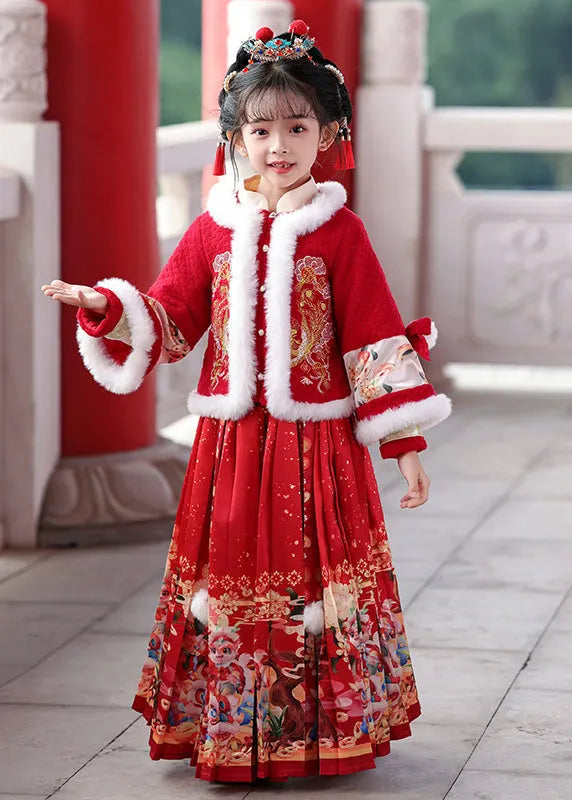 Unique Red Patchwork Button Kids Coats and Maxi Skirts Two Pieces Set Winter