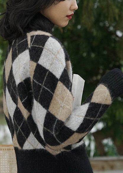 French Plaid V Neck Button Knit Coats Long Sleeve