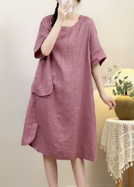 Pink Pockets Side Open Linen Dress Half Sleeve