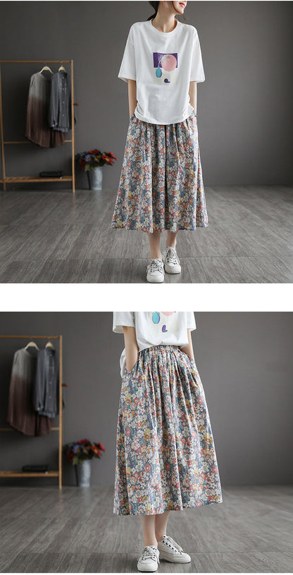 Literary Pleated Elastic Waist A-line Skirt