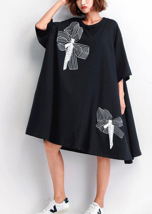 Black Embroidery Cotton Big Hem Shift Summer Dresses