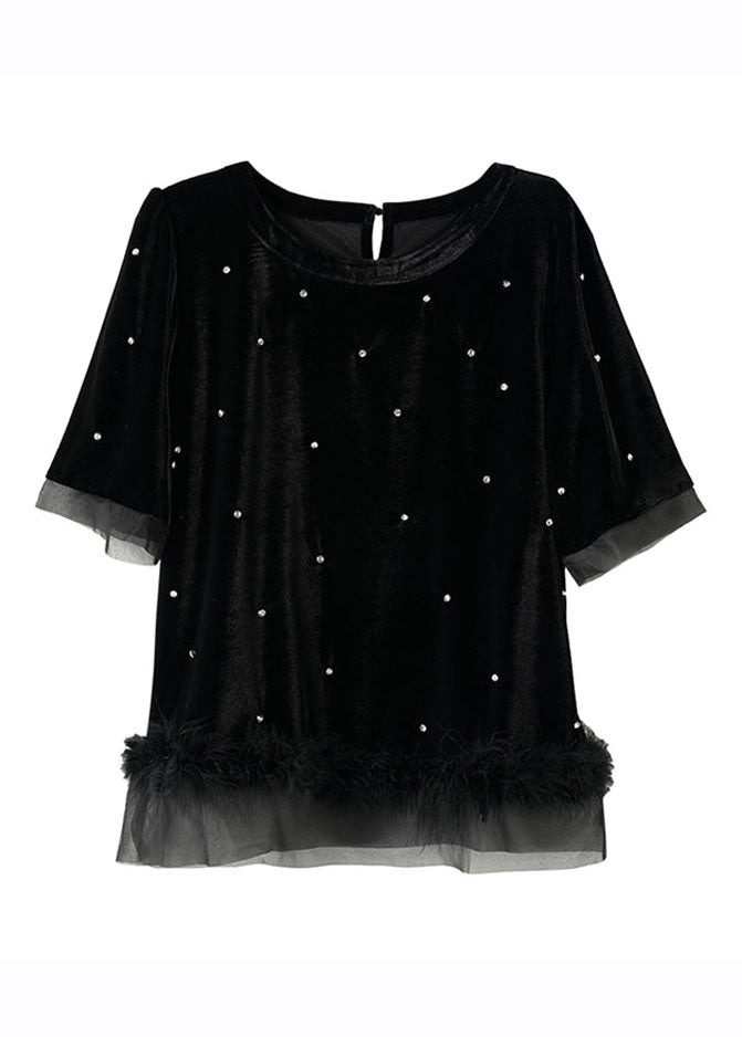 Black O-neck Zircon Tassel Patchwork Fluffy Silk Velour Top Summer