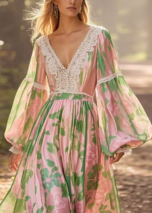V Neck Print Lace Patchwork Chiffon Long Dress Lantern Sleeve