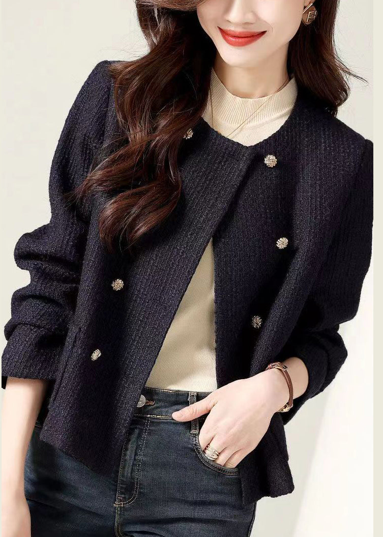 Black O Neck Double Breast Patchwork Cotton Coats Fall