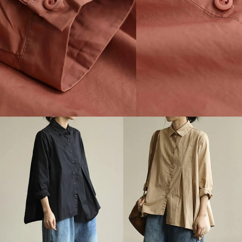 Organic Khaki Tunic Lapel Asymmetric Short Shirt