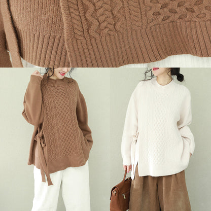 Comfy O Neck Bow Sweater Tops Brown Big Knitwear
