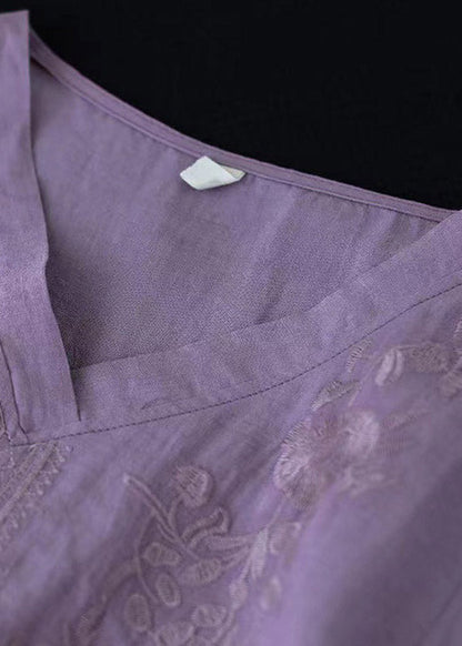 Purple V Neck Embroidered T Shirt Half Sleeve