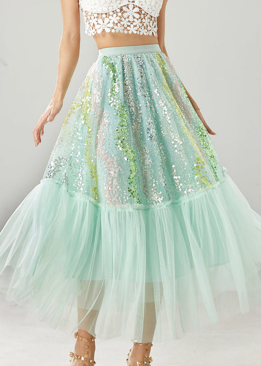 Green Patchwork Tulle a Line Skirts Sequins Spring