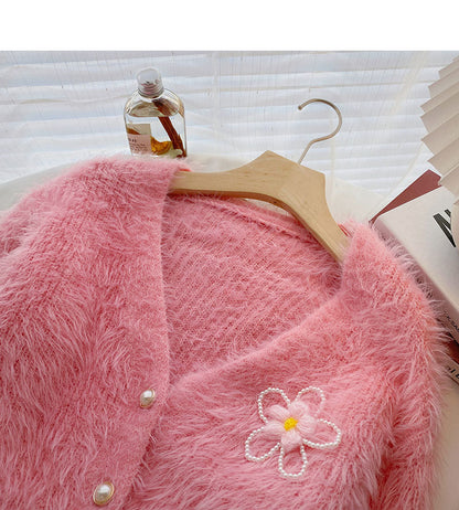 Mohair Sweater Small Flower Nail Bead Top Cardigan