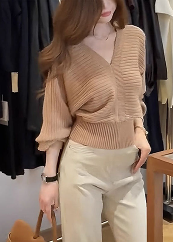 Khaki V Neck Patchwork Cozy Cotton Knit Sweater Fall