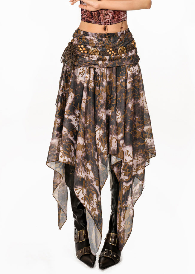 Coffee Asymmetrical Print a Line Skirt