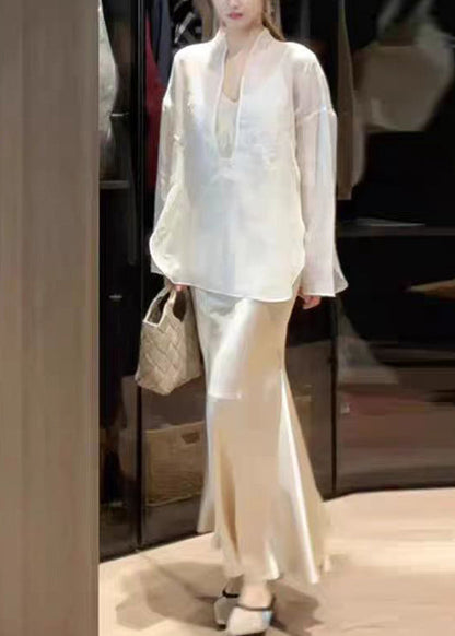 White Top and Skirts Silk Two Piece Suit Set Spring