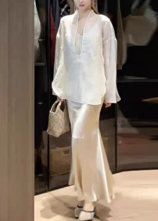 White Top and Skirts Silk Two Piece Suit Set Spring