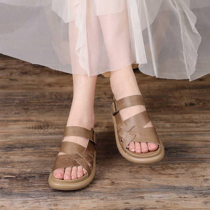 Retro Leather Velcro Slippers Sandals