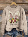 Happy Easter Bunny Floral Pattern Cozy Knit Sweater artswardrobe