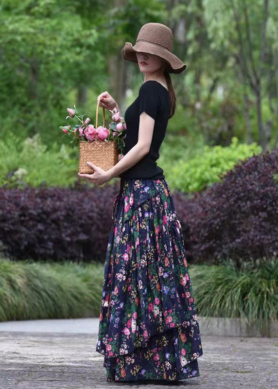 Navy Asymmetrical Print Exra Large Hem Cotton Skirts Spring