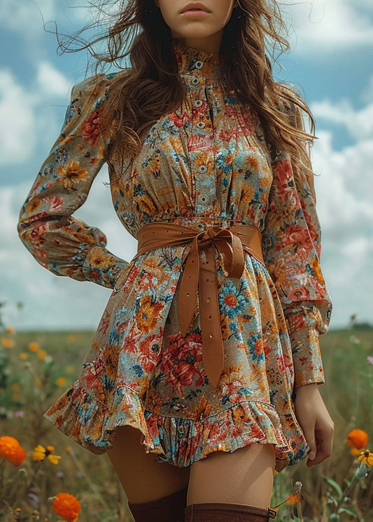 Pastoral Style Ruffled Print Mini Dresses Long Sleeve