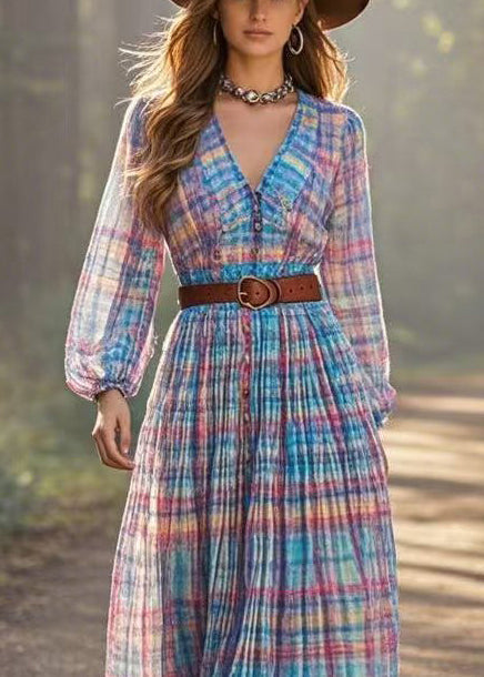 Rainbow Cinched Plaid Cotton Dresses Spring