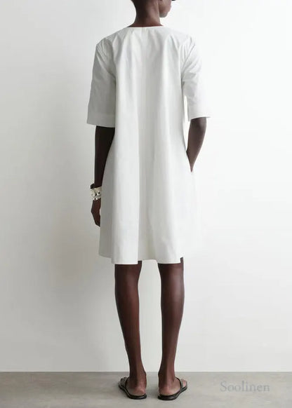 White Zip Up Cotton Day Dress Half Sleeve