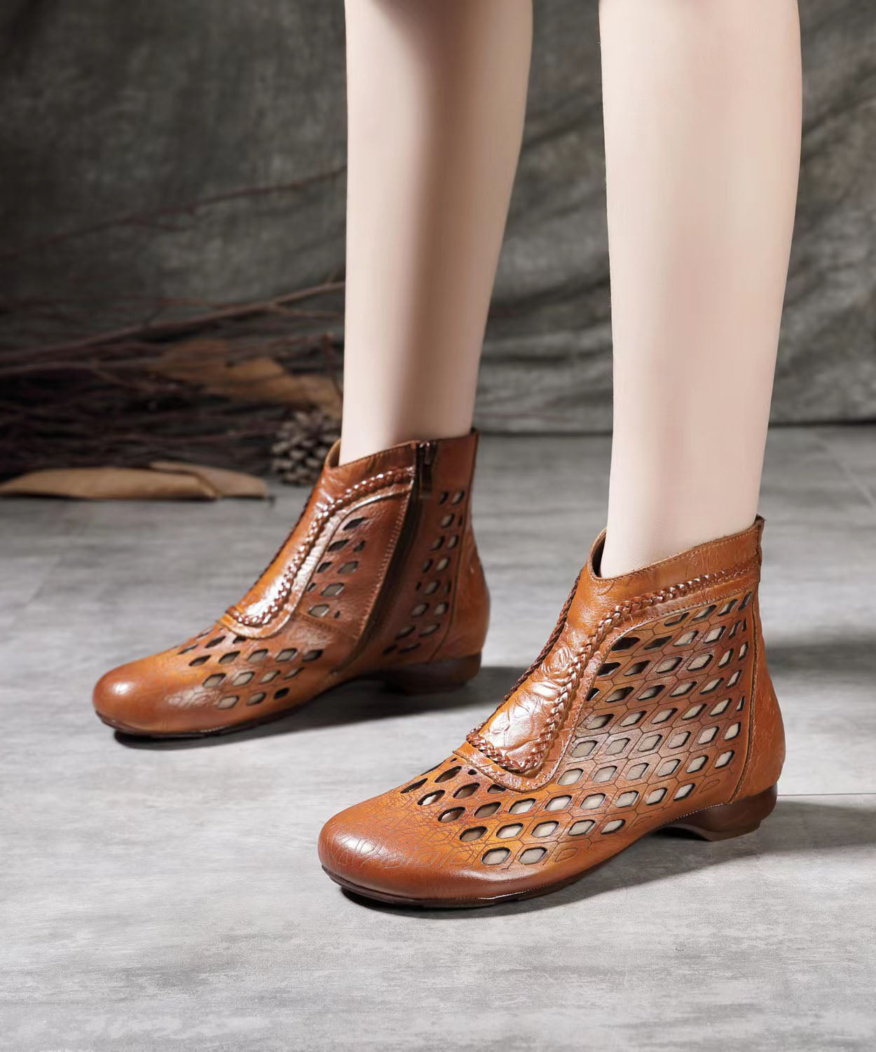 Hollow Out Splicing Wedge Boots Brown Cowhide Leather