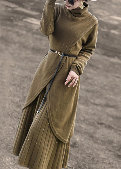 New Blue Turtleneck Tops and Skirts Wool Knit Two-piece Set Winter