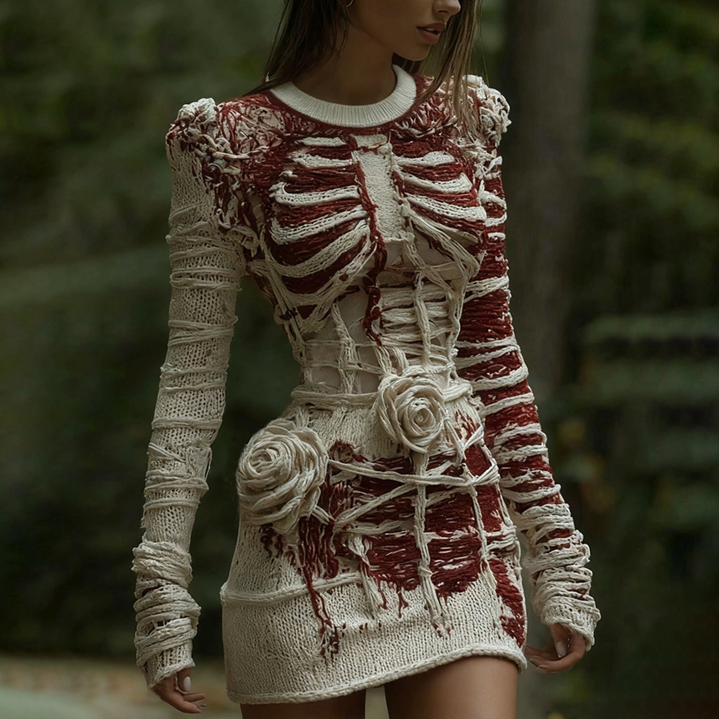 Women's Halloween Halloween Skeleton Bones Bandage With Rose Art Cozy Knit Mini Sweater Dress elevenforest