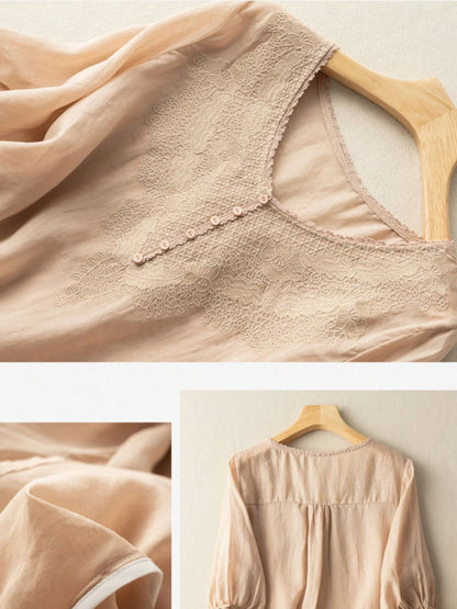 Embroidered V Neck Half Sleeve Linen Top