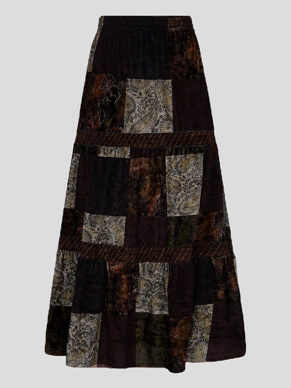Skirts Retro Contrast Stitching Velvet Long Skirt