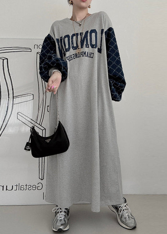 Grey Oversized Patchwork Cotton Sweatshirt Dress Lantern Sleeve