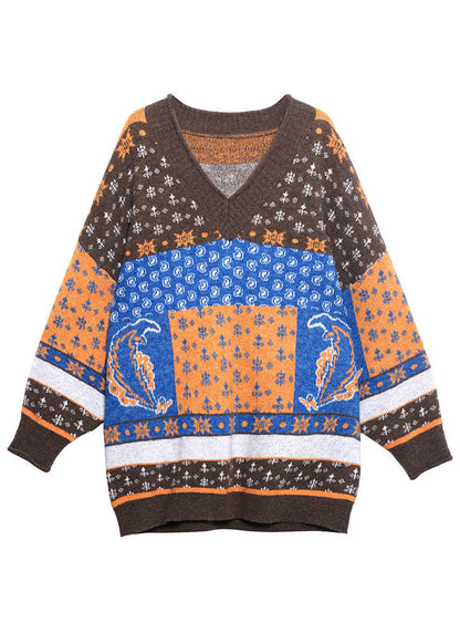 Khaki V Neck Print Loose Fall Knit Sweaters