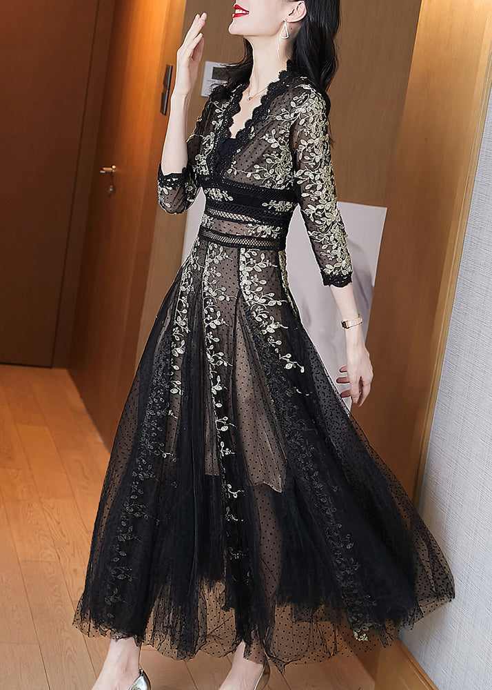 Black Embroidered Lace Patchwork Tulle Dresses Summer