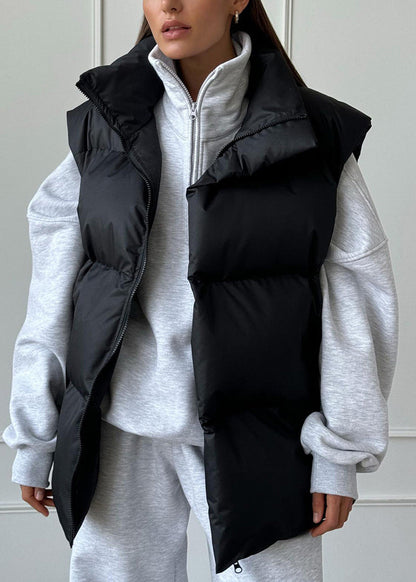 French Black Zip Up Pockets Fine Cotton Filled Vest Tops Sleeveless