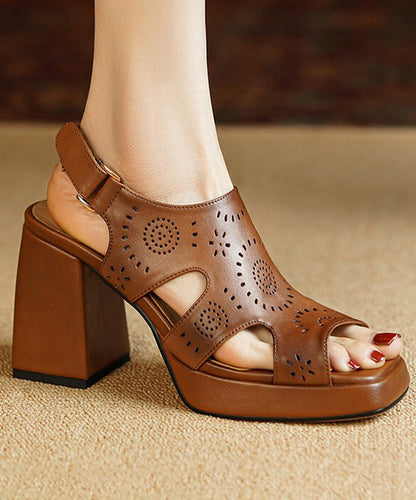 Brown Peep Toe Hollow Out Cowhide Leather Platform Chunky Sandals