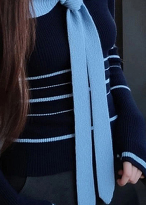 Blue Striped Bow Patchwork Knit Sweater Fall