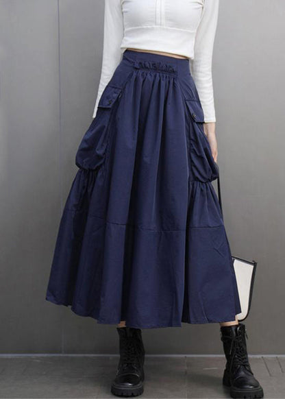 Modern Navy Asymmetrical Pockets Patchwork Elastic Waist a Line Skirts Spring