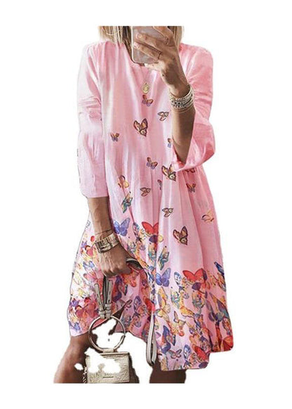 Blue O Neck Butterfly Print Cotton Mid Dress Summer