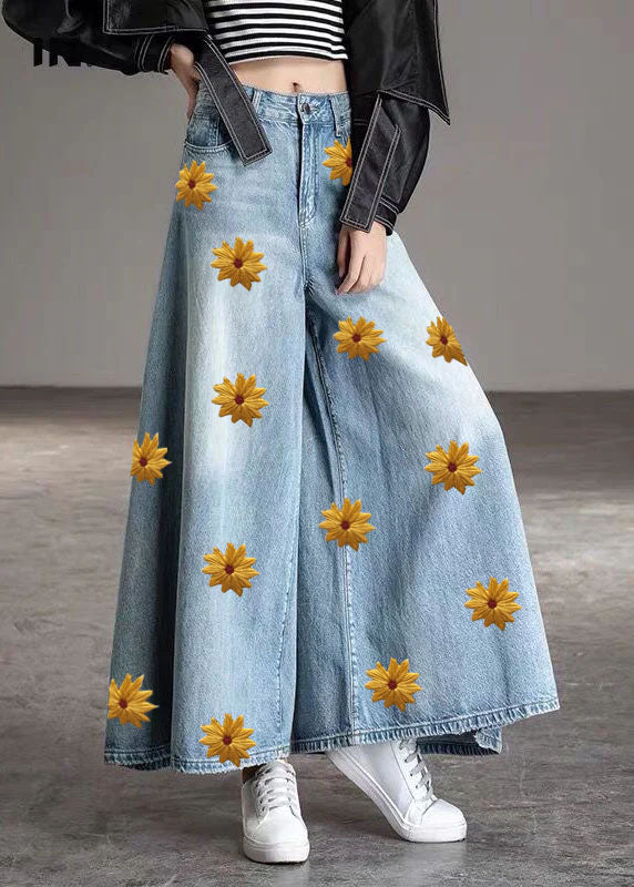 Diy Light Blue Pockets Wide Leg Fall Denim Pants