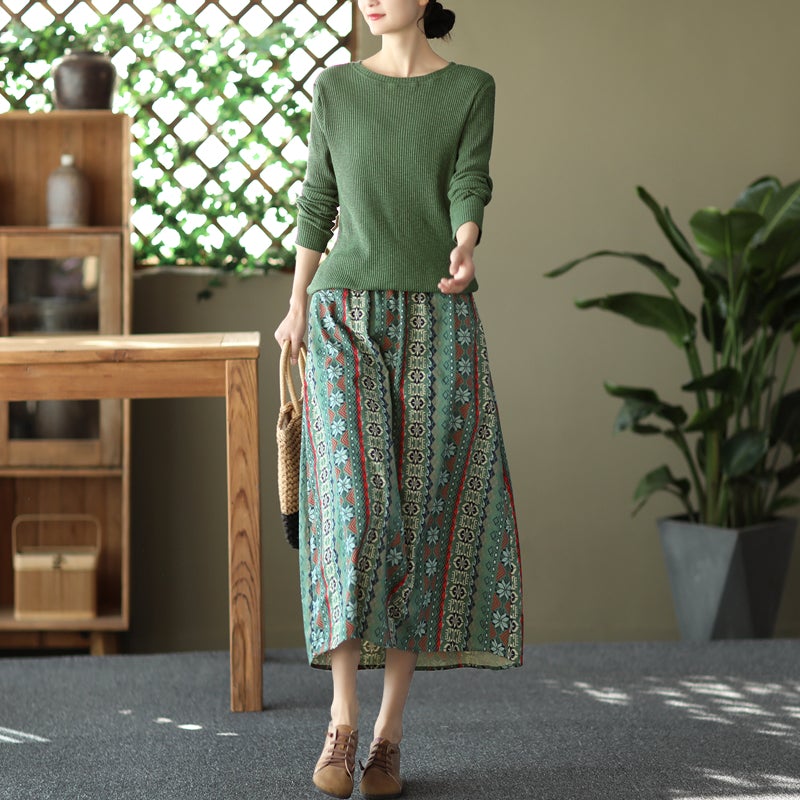 Retro Print Cotton Linen A-line Skirt
