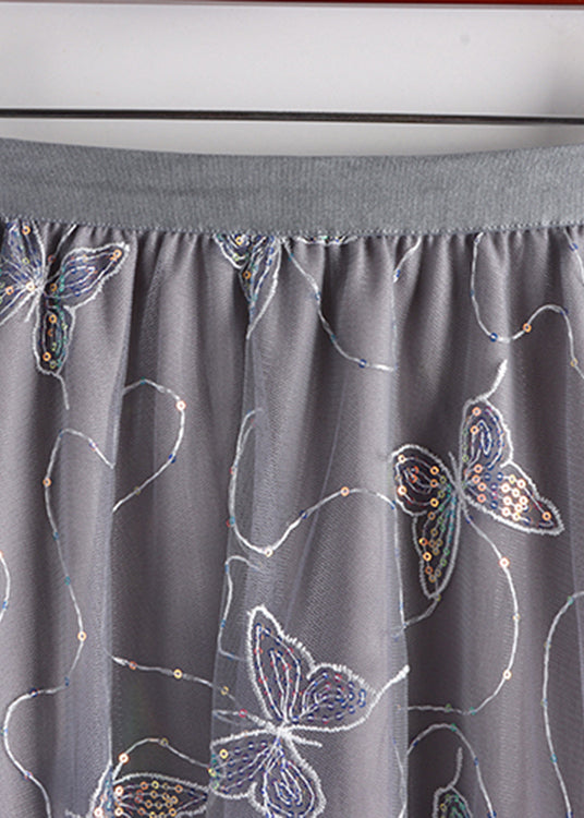 Grey Butterfly Embroideried Elastic Waist Tulle a Line Skirt Summer