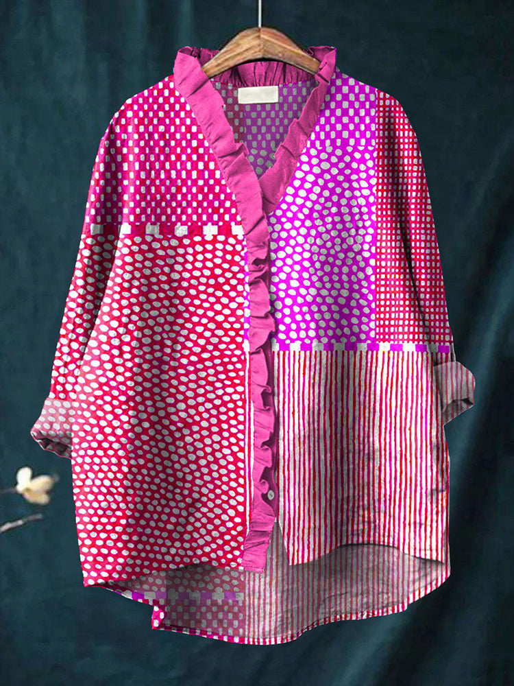 Polka Dot & Striped Print Linen Blend Shirt elevenforest