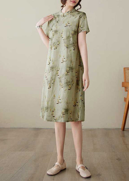 Green Stand Collar Print Button Cotton Dress Summer
