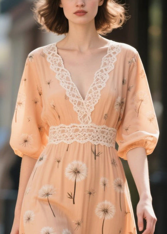 Orange Print Patchwork Chiffon Long Dress Summer