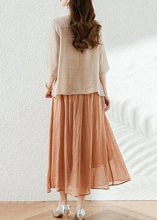 French Apricot V Neck Print Patchwork Tops and Skirts Cotton Two Pieces Set Summer