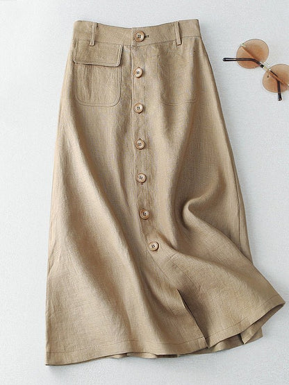 A-line Plain Mid-length Linen Skirt