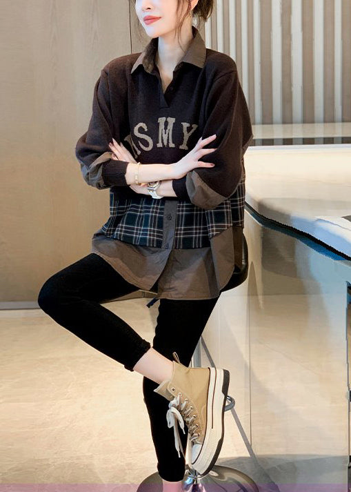 Loose Brown False Two Pieces Patchwork Cotton Shirt Top Fall