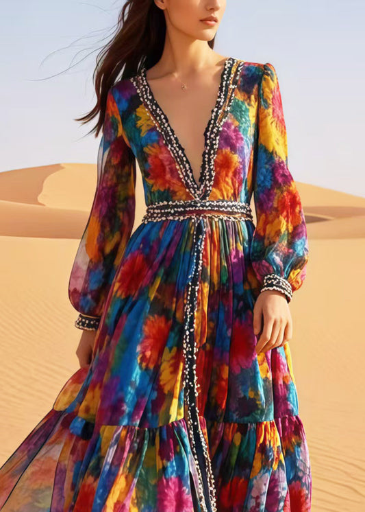 Flower Print Exra Large Hem Chiffon Beach Dress Spring