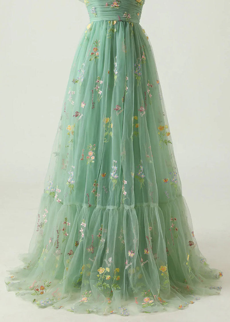 Fine Green Embroidered Wrinkled Patchwork Tulle Dresses Summer