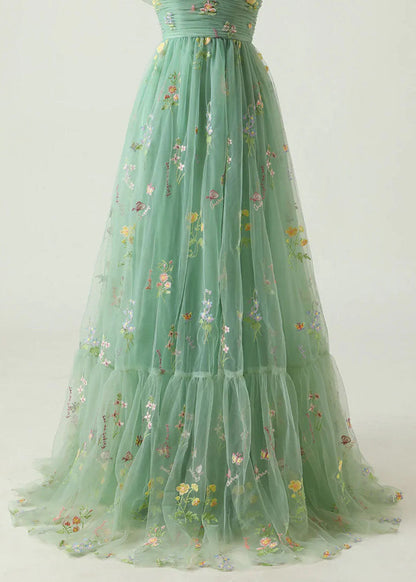 Fine Green Embroidered Wrinkled Patchwork Tulle Dresses Summer