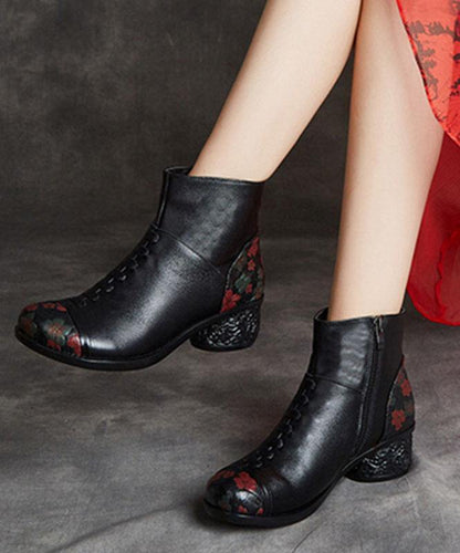 Black Boots Chunky Cowhide Leather Embossed Boots